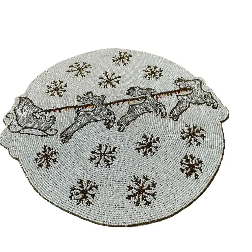 Tahari Christmas Beaded Placemat 15in Holiday Glam Reindeer Snowflakes NEW